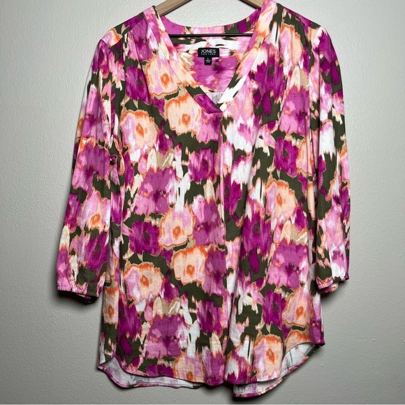 Jones New York Women‎ Linen Tunic Top Large Pink Floral Art Popover Resort - Picture 1 of 9